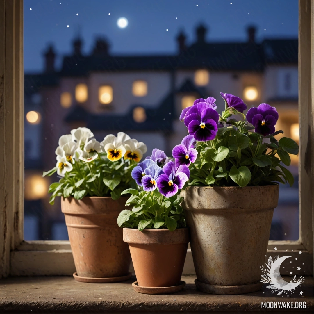 Vintage flowerpots with pansies on a shabby windowsill at night.