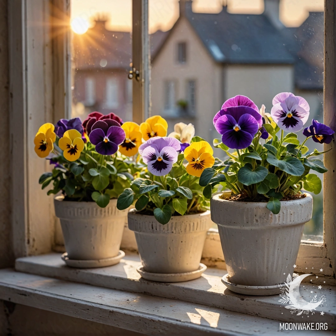 Photorealistic depiction of vintage flowerpots with pansies on a shabby windowsill at sunset.