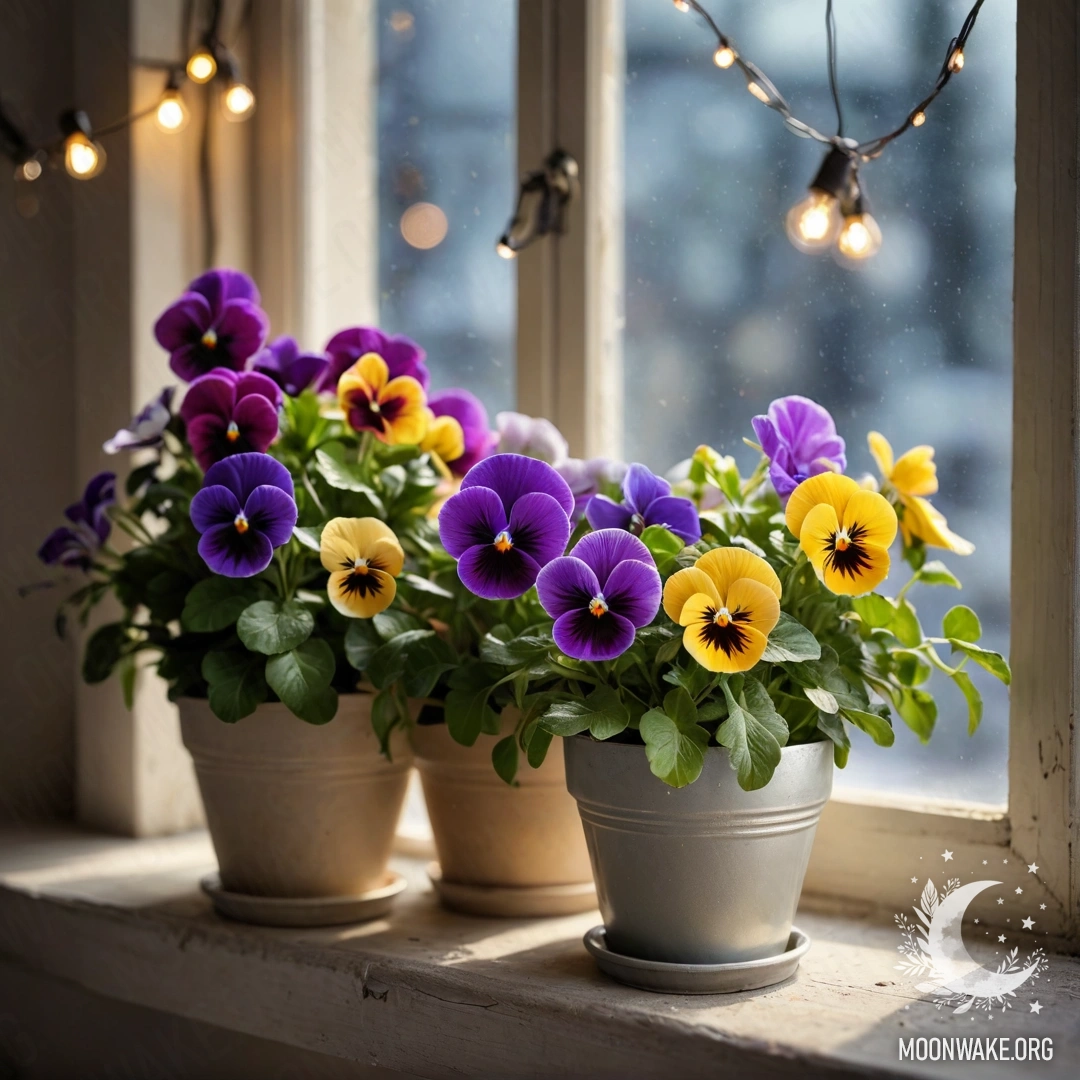 A shabby windowsill adorned with vintage flowerpots filled with pansies and illuminated by garland lights.