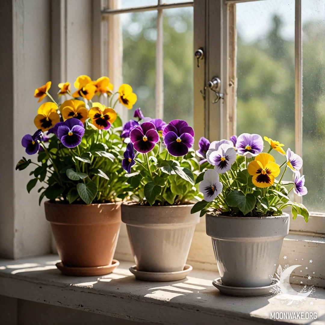 A shabby windowsill adorned with vintage flowerpots filled with pansies, illuminated by sun rays.