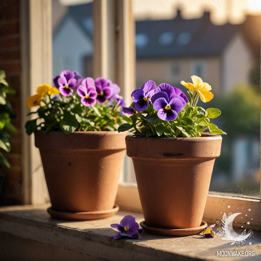 Vintage flowerpots with pansies on a shabby windowsill at sunset.