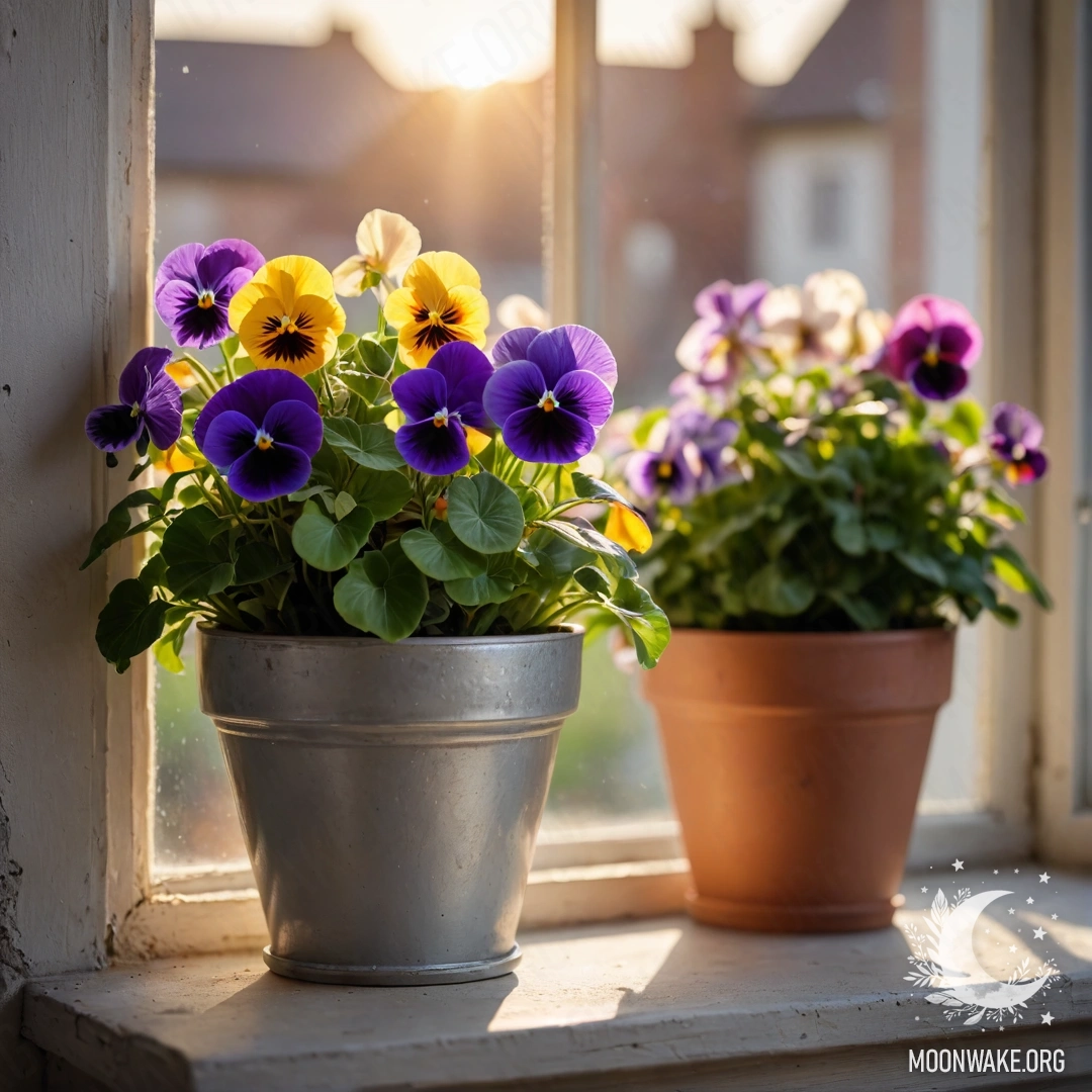 Photorealistic depiction of vintage flowerpots with pansies on a shabby windowsill during sunset.
