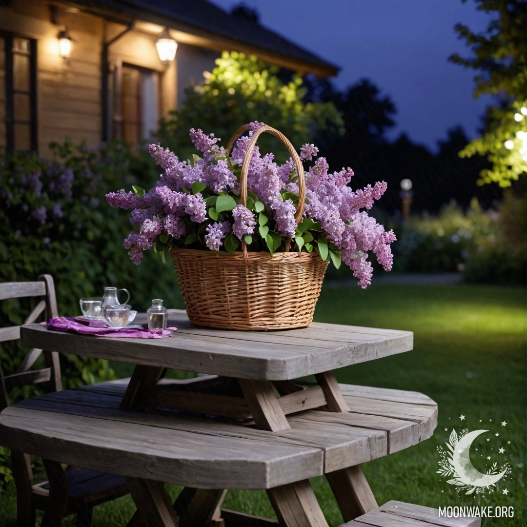 A vintage wooden table adorned with a basket of lilacs in a garden at night.