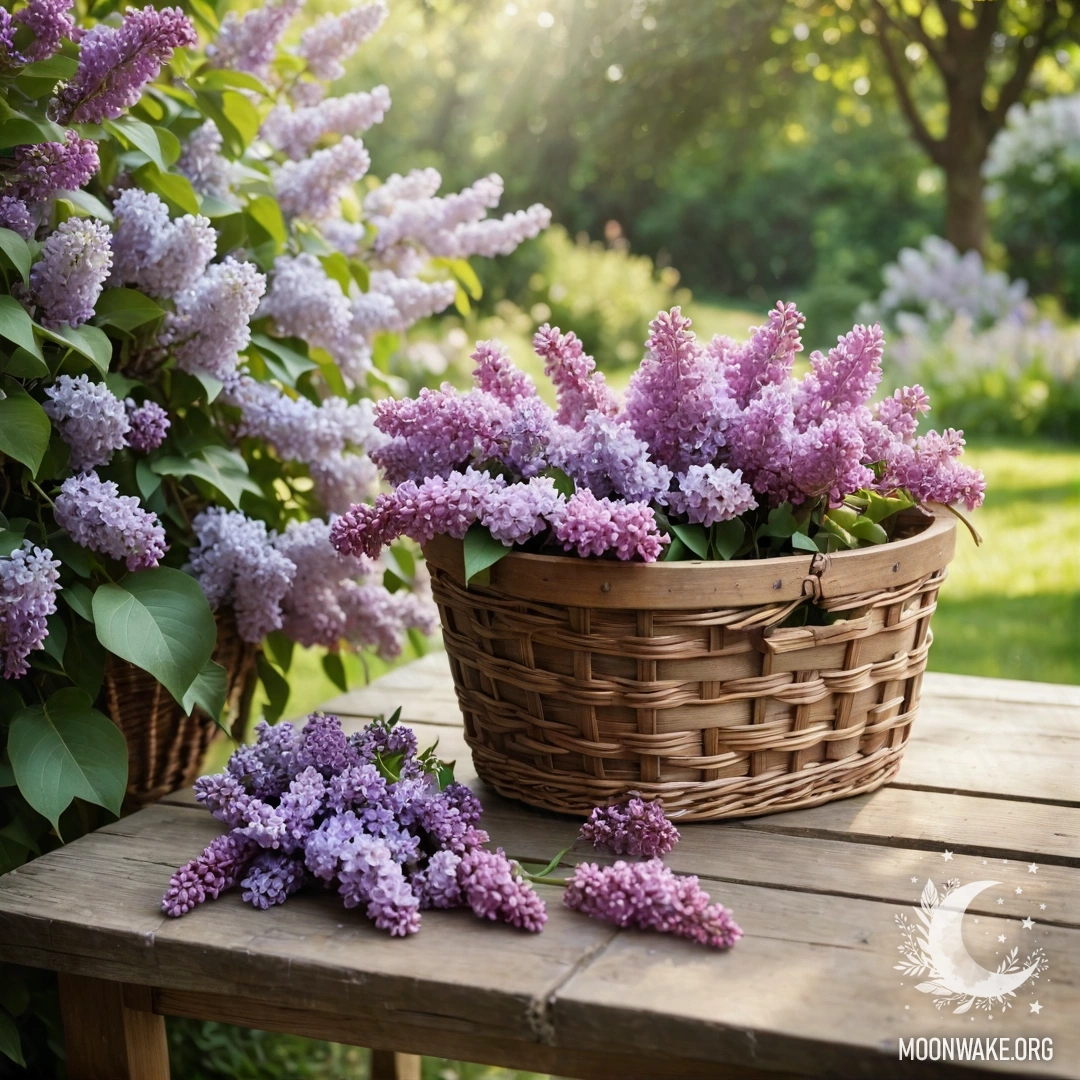 A vintage wooden table surrounded by a garden with lilacs in a basket.