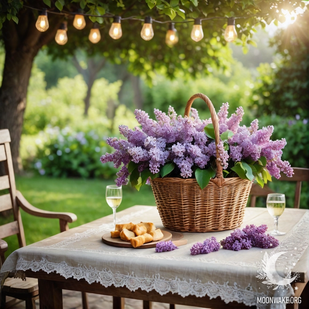 A vintage wooden table with a basket of lilacs in a garden, decorated with garland lights.
