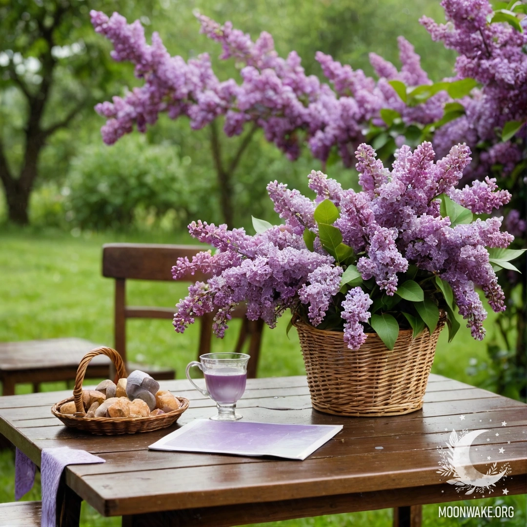A vintage wooden table with a basket of lilacs in a garden, under the rain.
