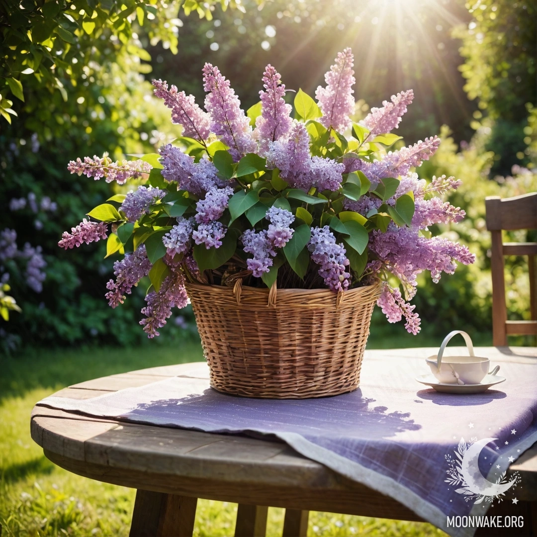 A vintage wooden table in a garden setting with a lilac basket and sun rays.