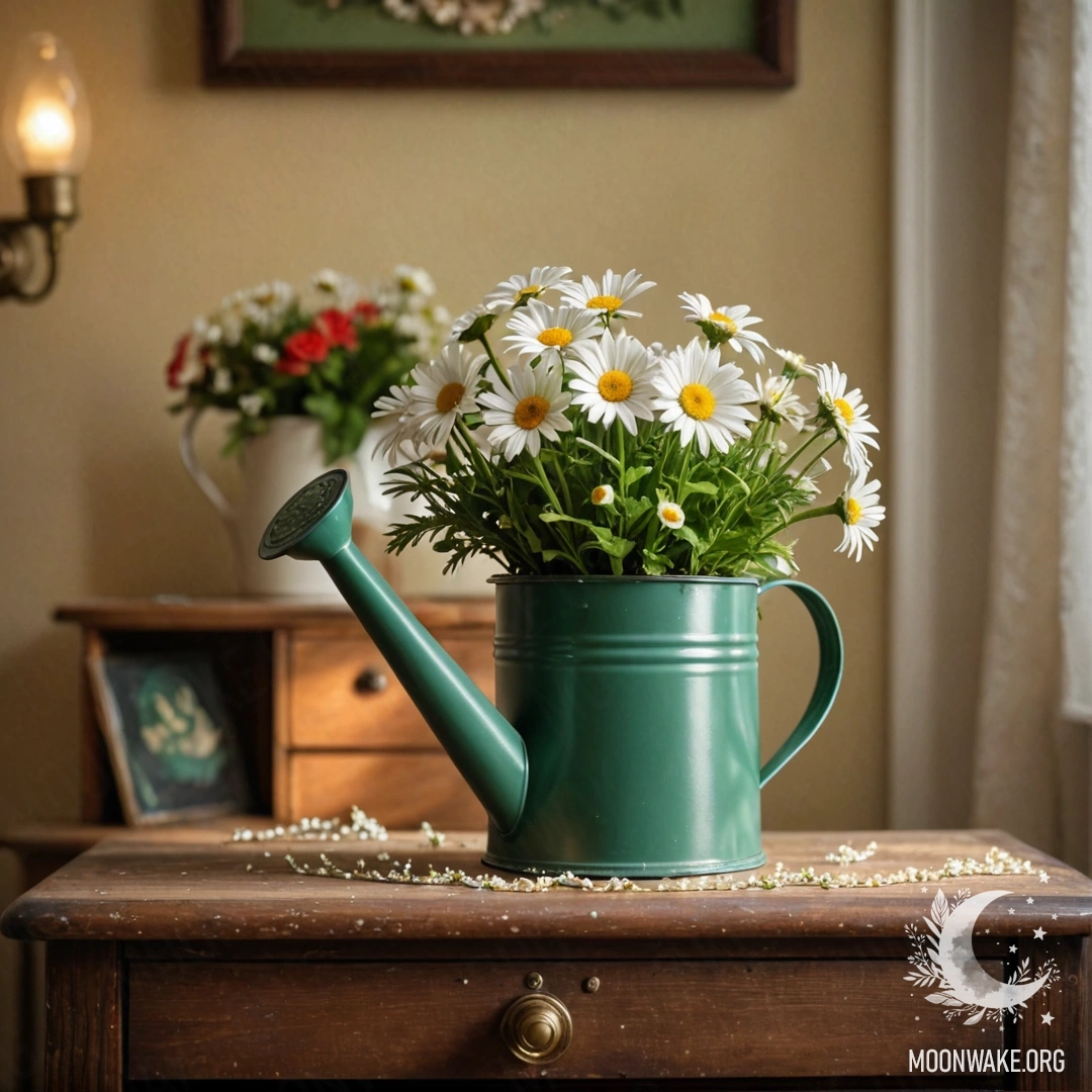A vintage green watering can filled with daisies on a nightstand, surrounded by soft garland lights.
