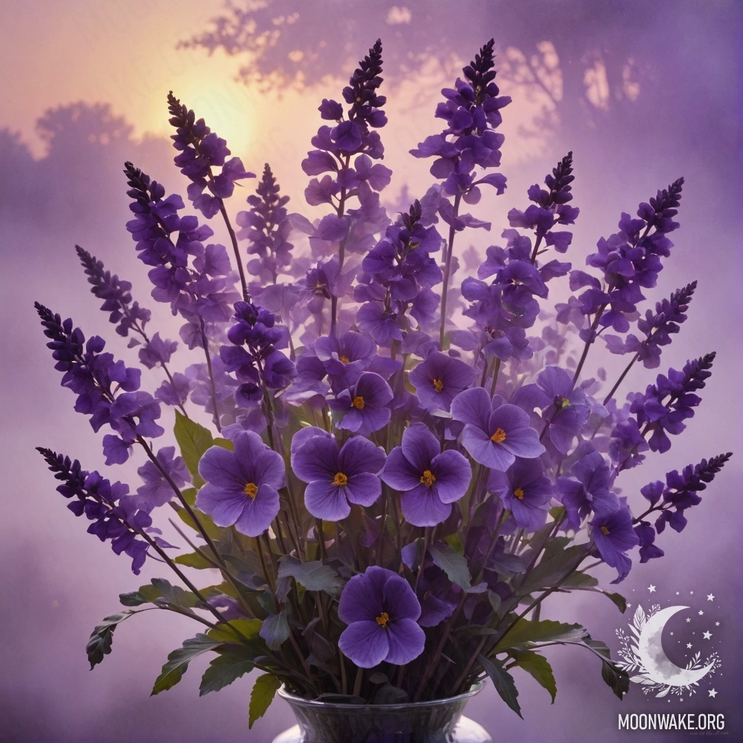 A delicate bouquet of purple flowers emerging from the mist during sunset.
