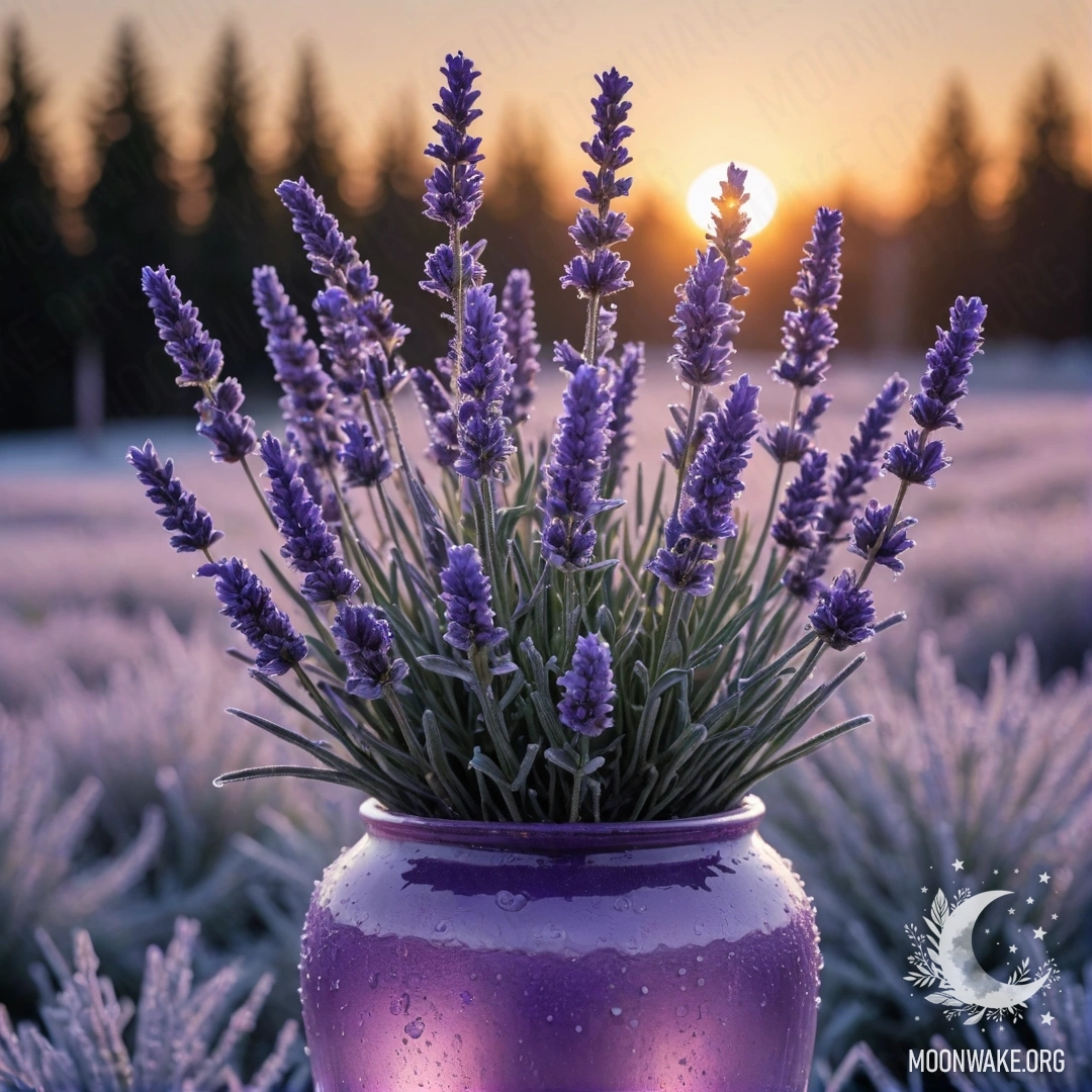 Romantic Violet in Frosty Sunset A vase filled with lavender-colored flowers against a sunset backdrop, surrounded by frost.