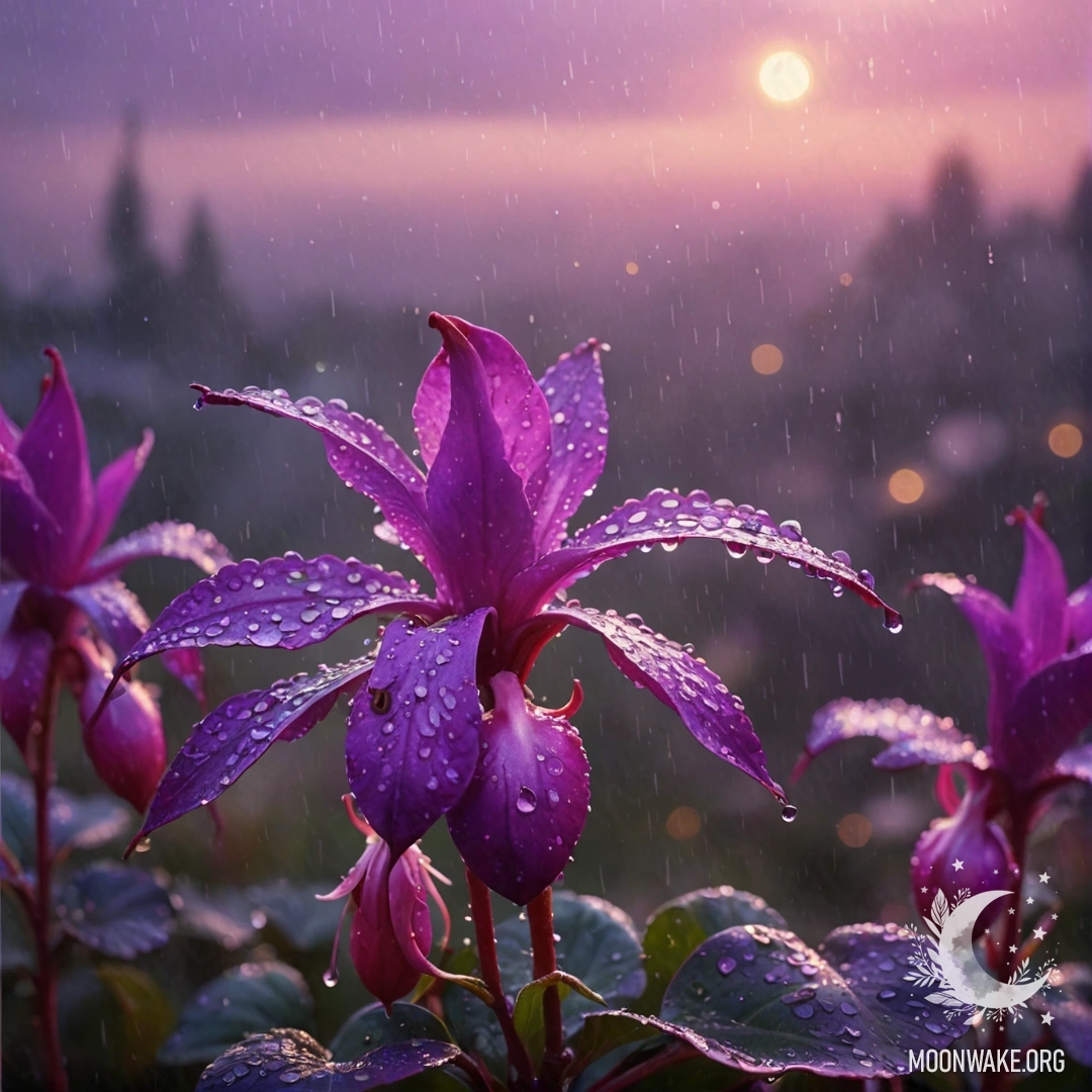 Romantic Violet in the Mist A romantic scene of violet hues in the mist under rain at sunset, with fuchsia sequins shimmering.