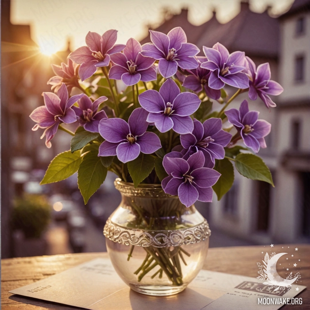 A lime-colored vase with romantic violet flowers at sunset.
