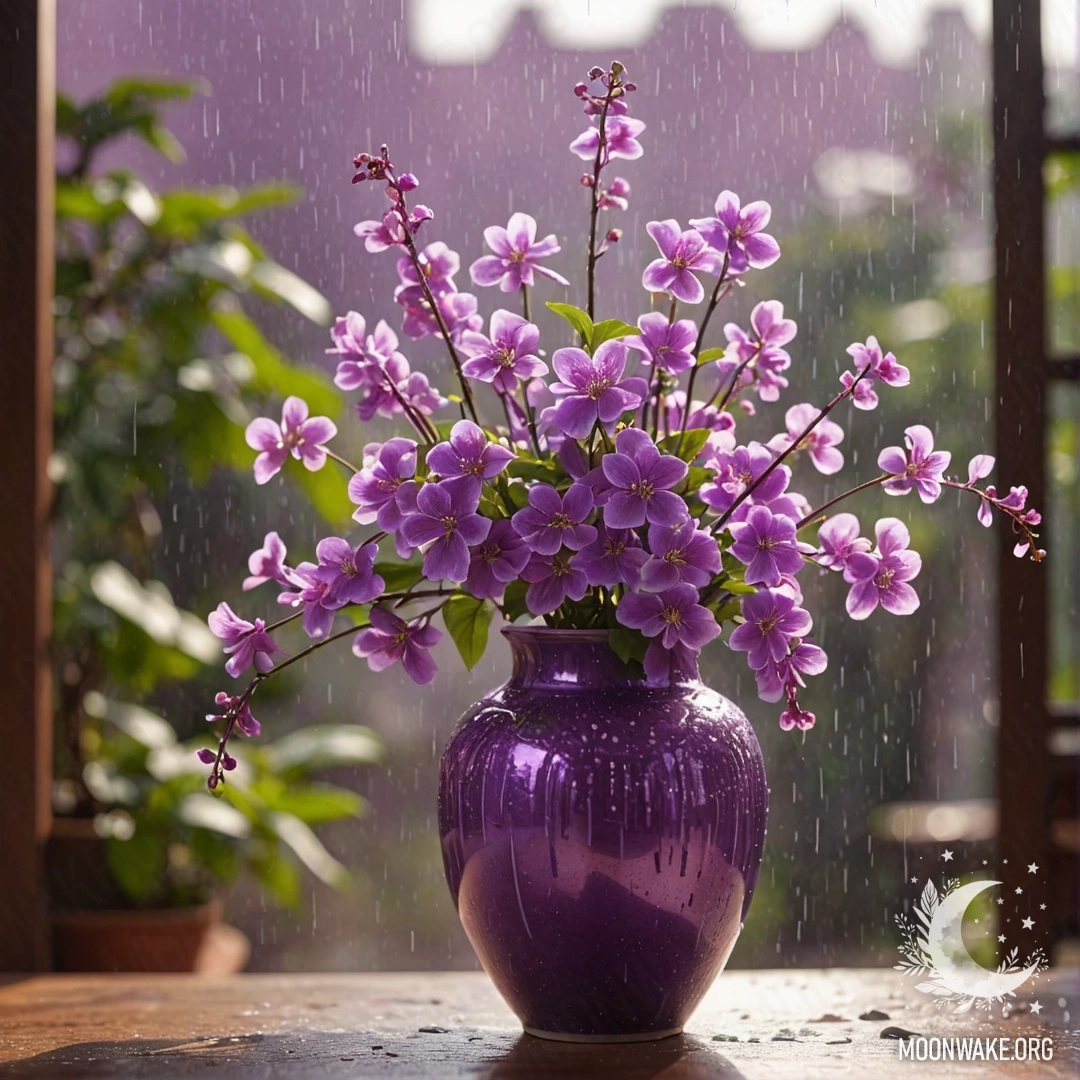 A vase filled with pink flowers under violet rain and sunny rays.