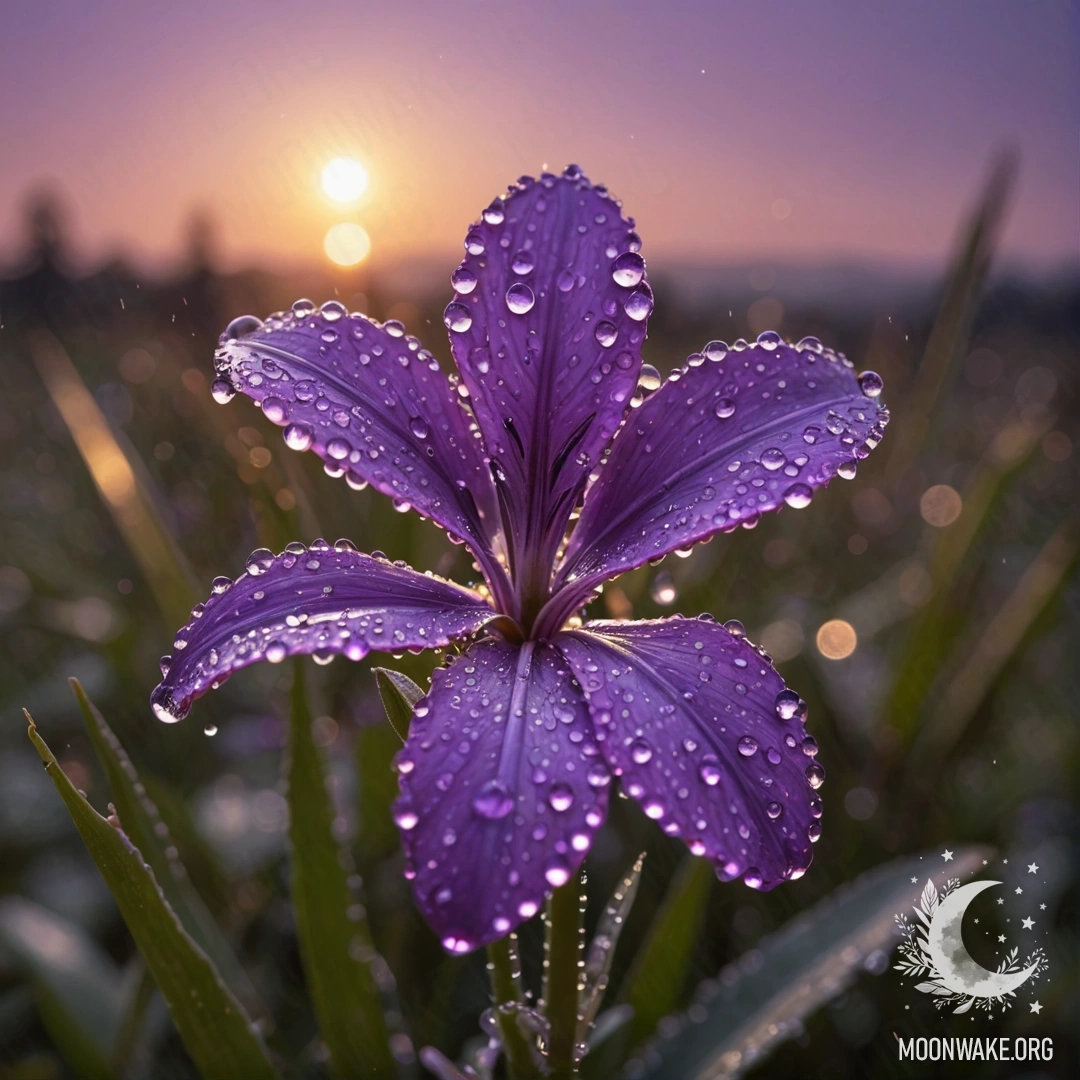 Romantic Violet Sunset with Dew Drops A vibrant digital painting featuring a romantic violet sunset adorned with dew drops and olive-colored rhinestones.