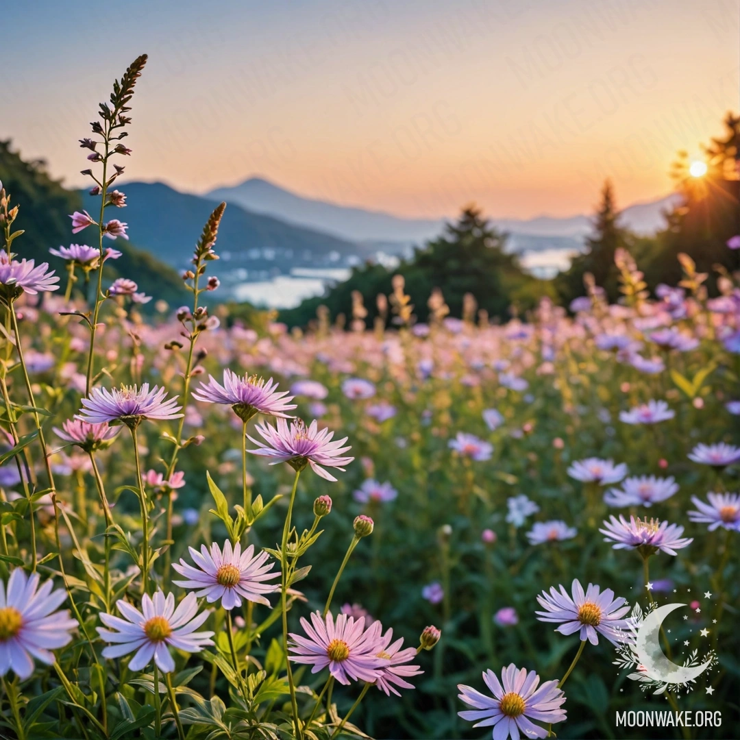 A basket filled with violet flowers nestled against a greenish-blue background at sunset.