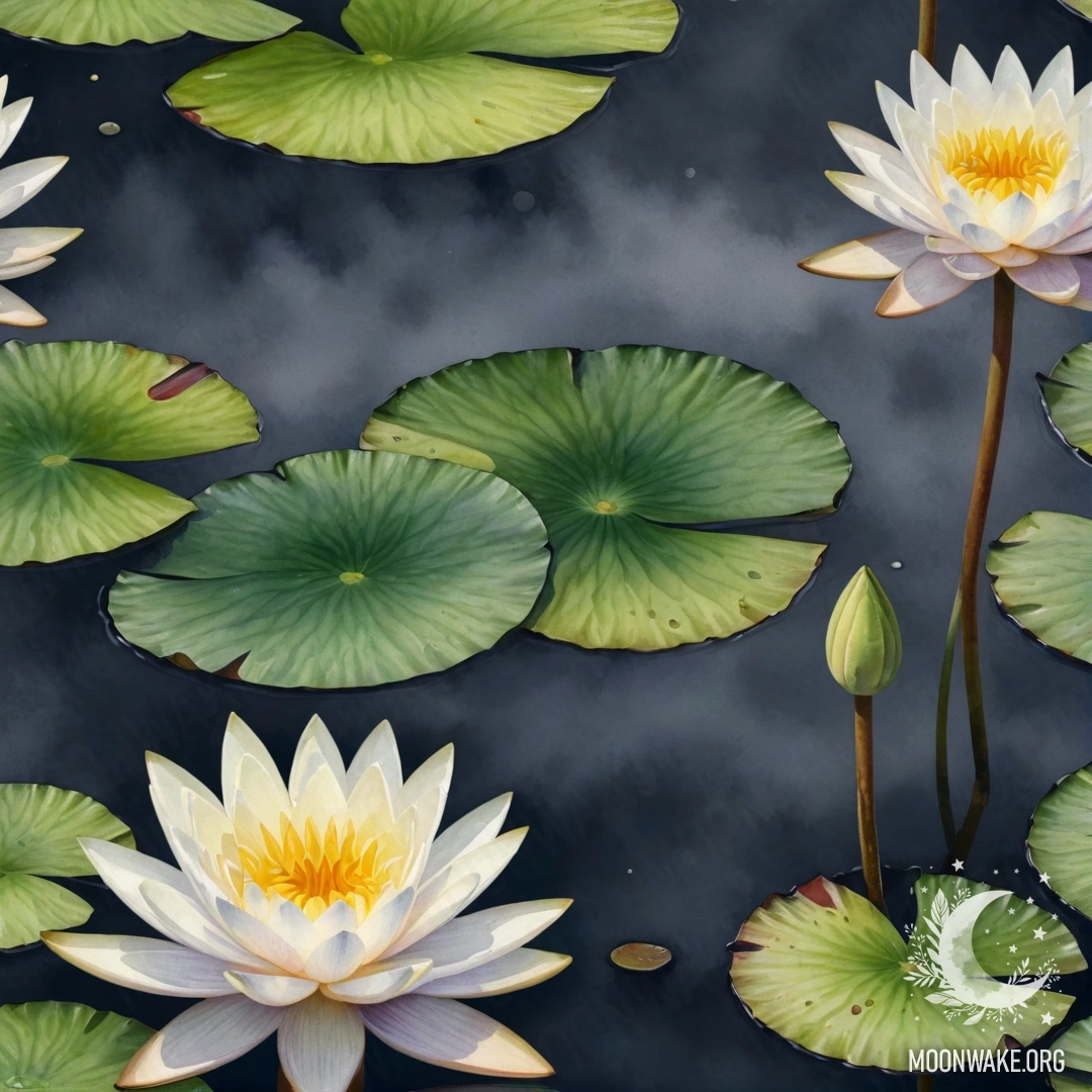 A delicate bouquet of lime-colored water lilies enveloped in fog at night.