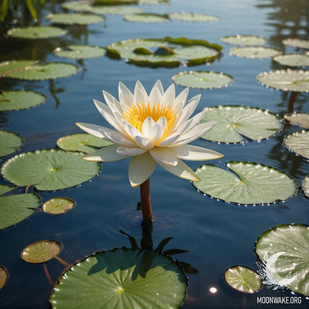 A delicate water lily adorned by a shimmering web under sunny rays.
