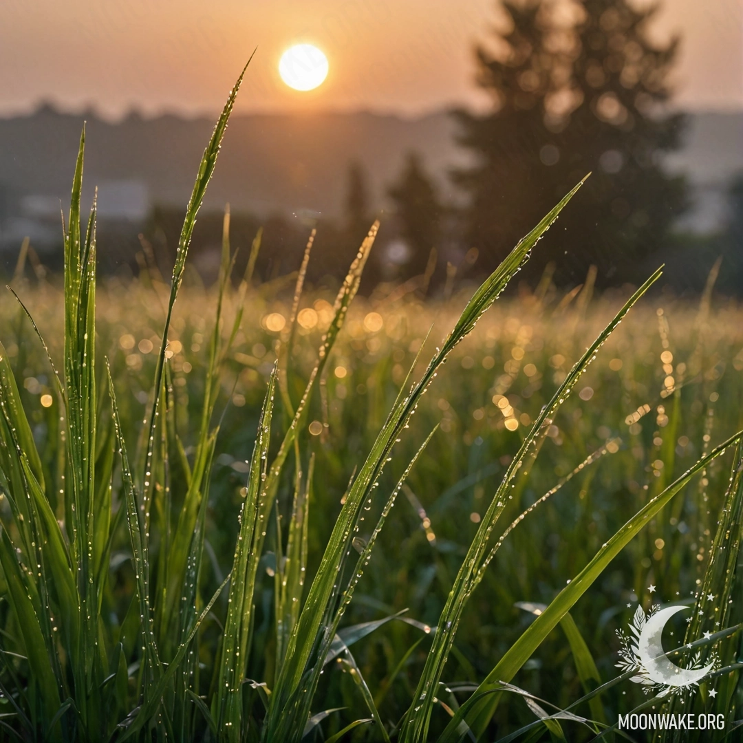 Close-up of grass in a romantic field against a colorful sunset with bokeh effect, glistening with raindrops.