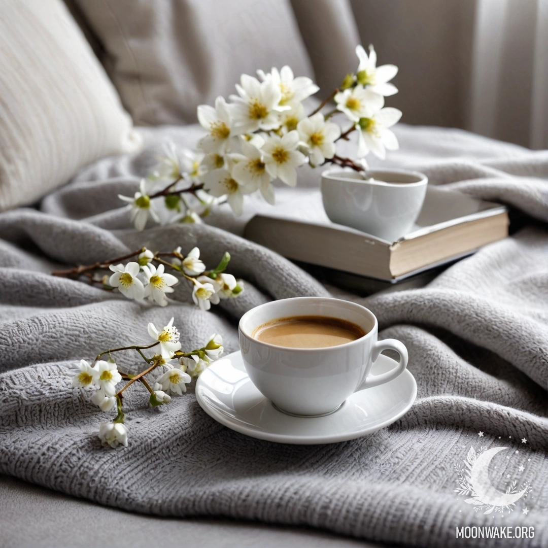 Romantic Scene with a White Chair and Coffee A close-up of a white chair with a gray knitted blanket, a book, a branch with white flowers, and a white cup of coffee, illuminated by sun rays.