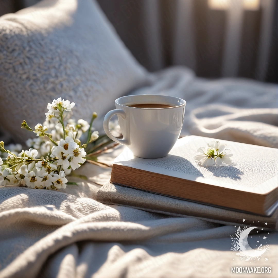 Romantic Sunset Scene with Cozy Chair A close-up of a white chair adorned with a gray blanket, a book, a branch with white flowers, and a white cup of coffee, all set against a sunset backdrop.