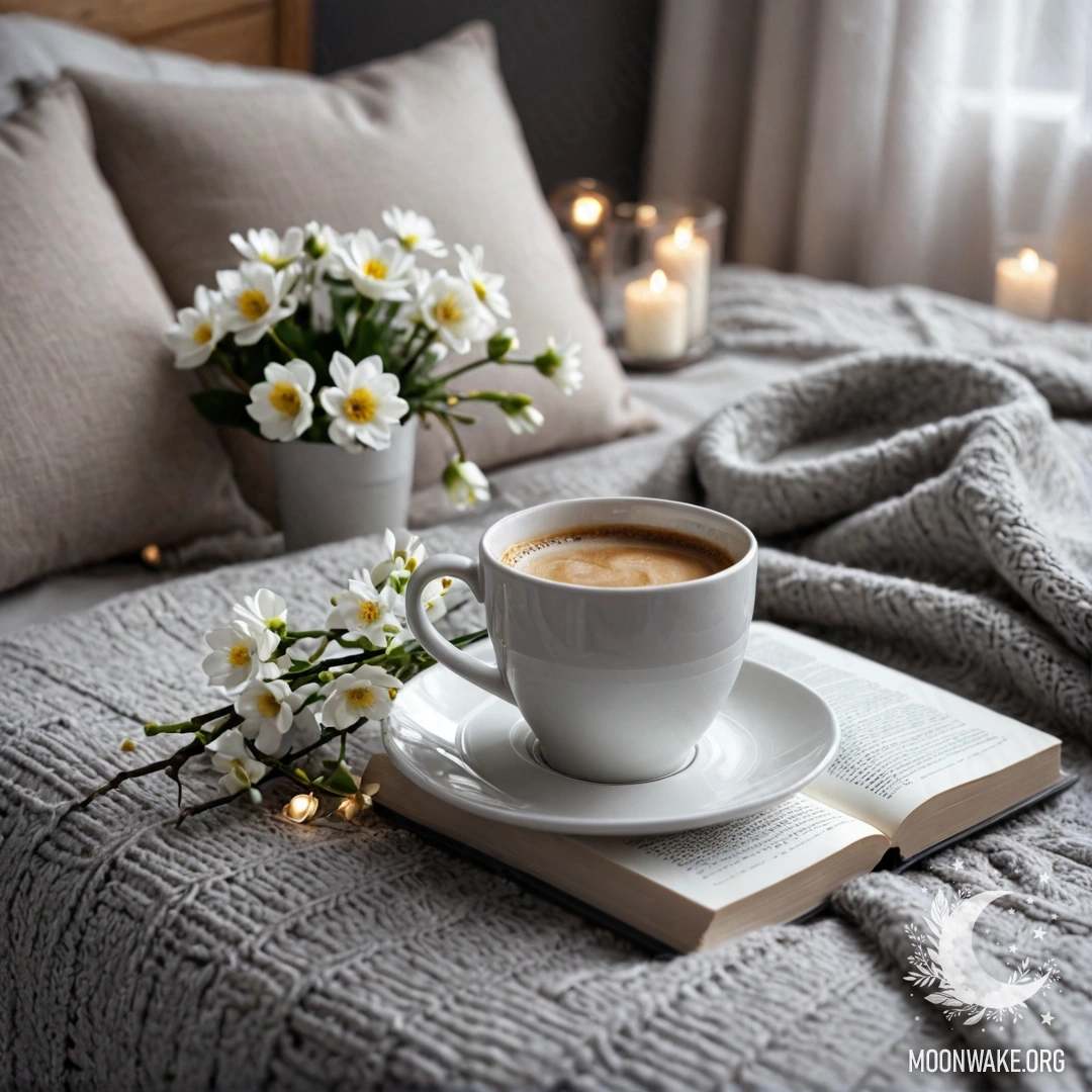 Romantic White Chair with Coffee and Flowers A close-up of a romantic white chair adorned with a gray knitted blanket, a book, a branch with white flowers, and a white cup of coffee surrounded by garland lights.