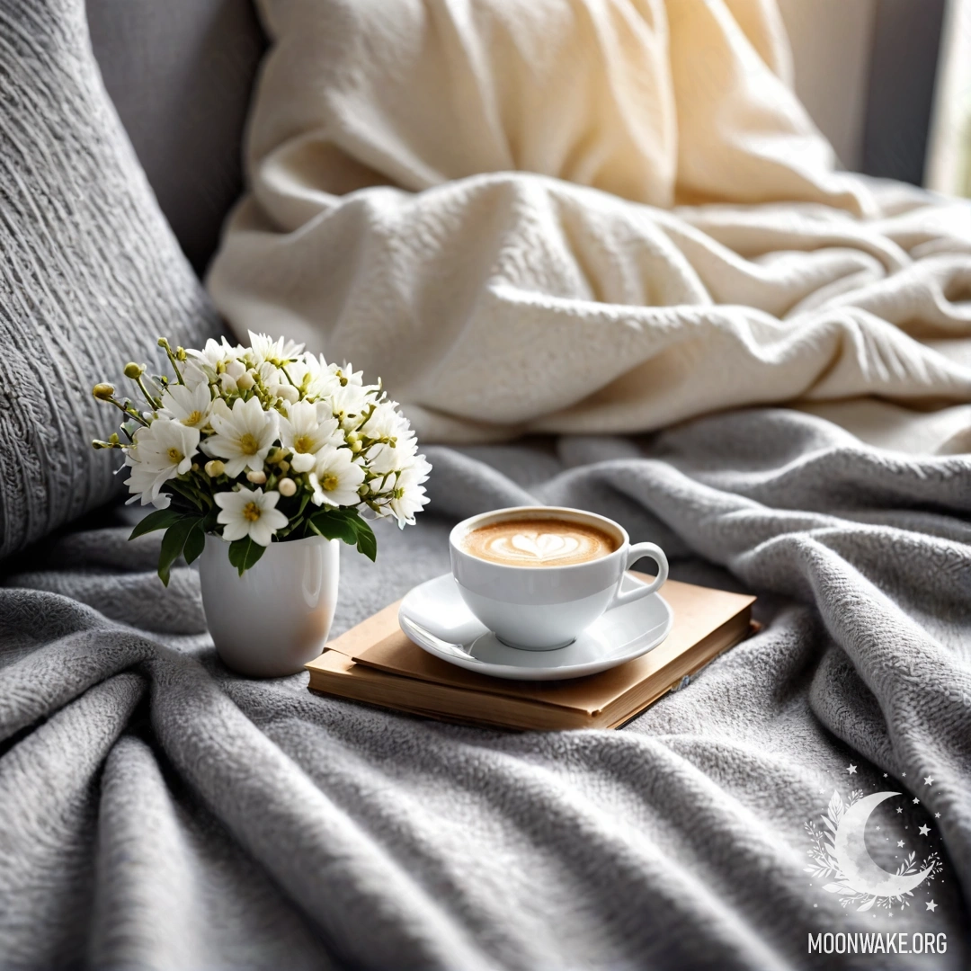 Close-up of a romantic white chair with a gray blanket, a book, a branch with white flowers, and a white cup of coffee bathed in sun rays.