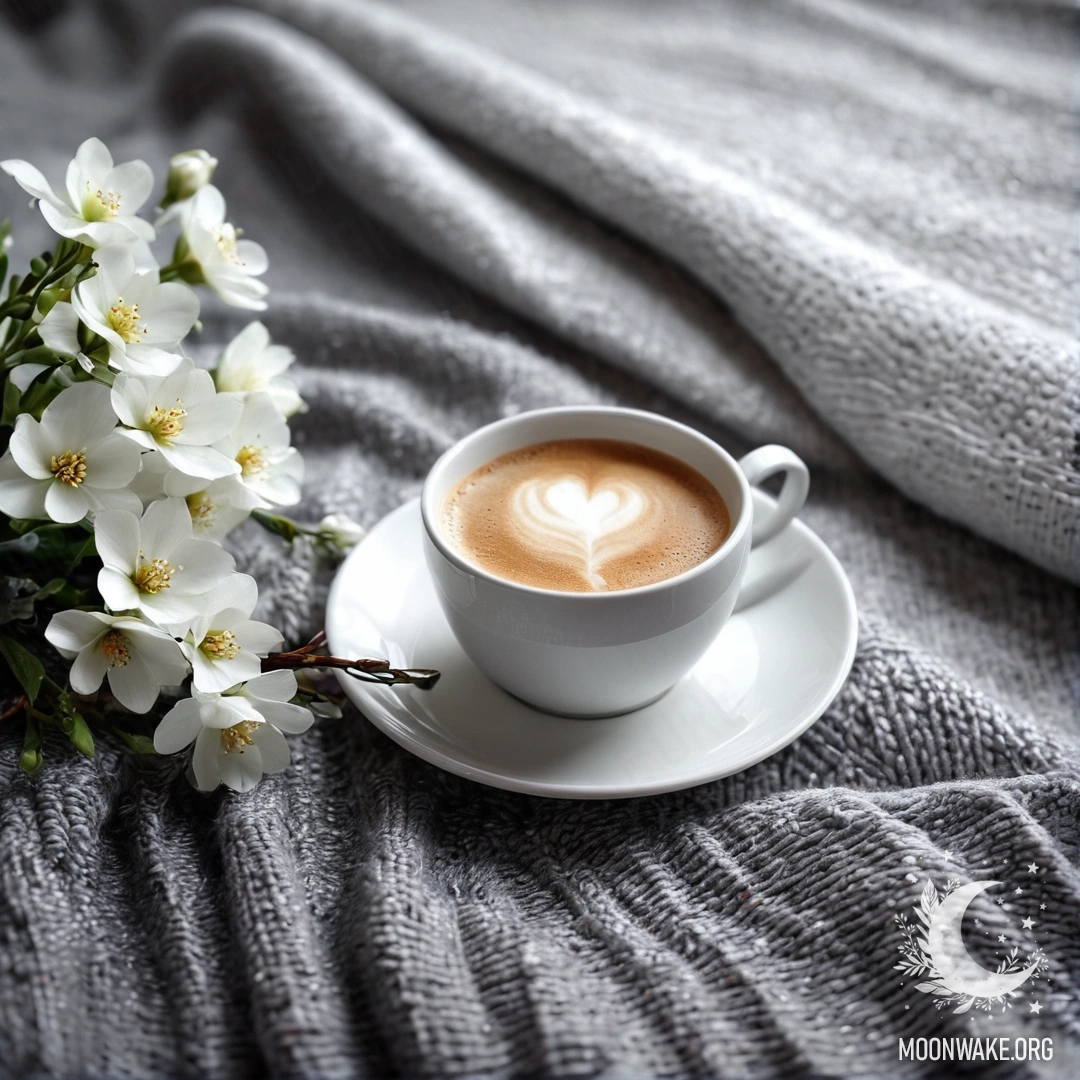 Romantic Rainy Day Setup with Coffee A close-up of a white chair featuring a gray knitted blanket, a book, a branch with white flowers, and a white cup of coffee, set against a rainy backdrop.