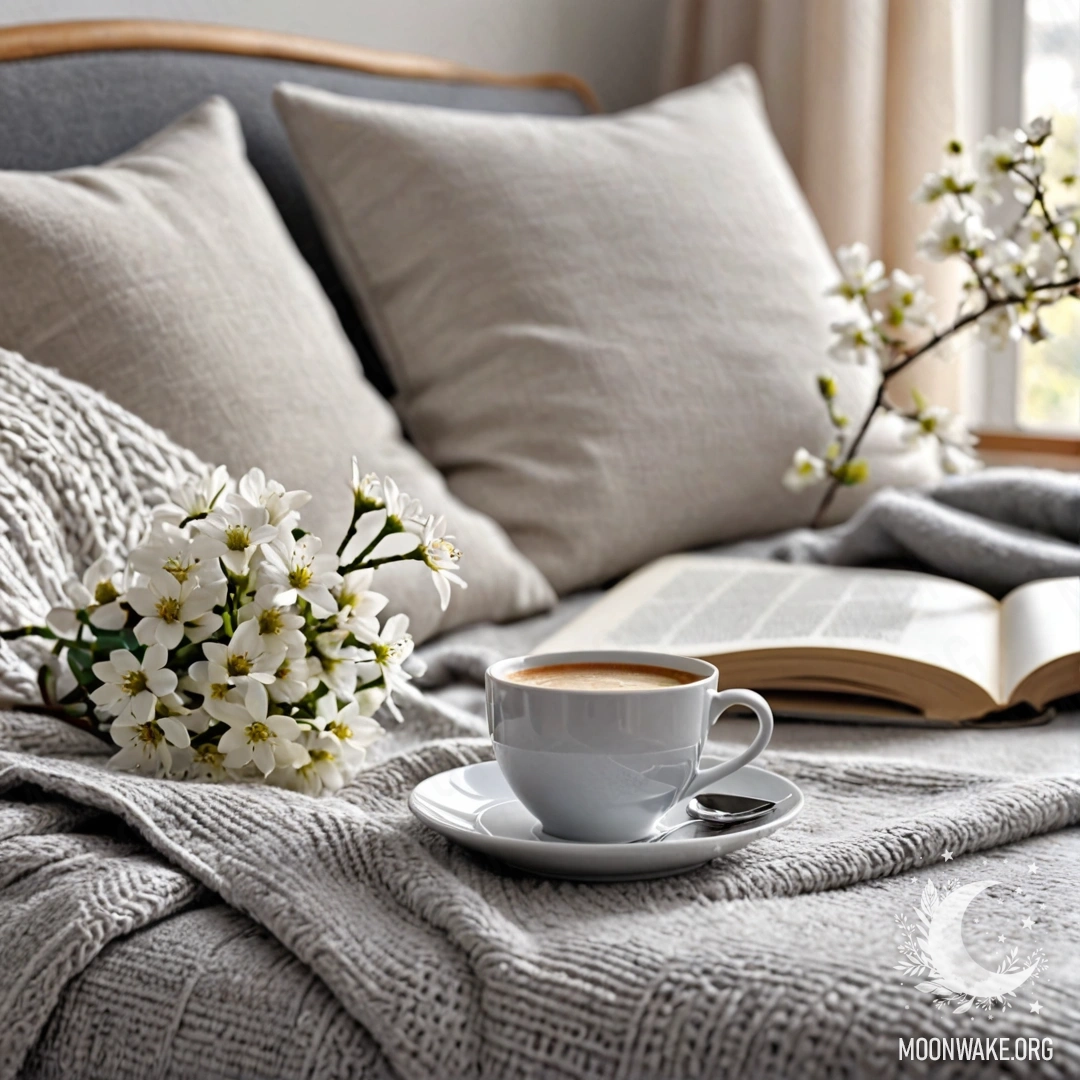 A close-up of a romantic white chair adorned with a gray knitted blanket, a book, white flowers, and a cup of coffee bathed in sunlight.