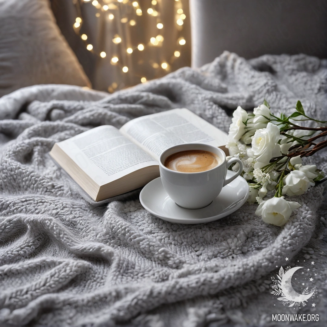 Romantic White Chair with Cozy Accents Close-up of a white chair with a gray blanket, a book, white flowers, and a cup of coffee adorned with garland lights.