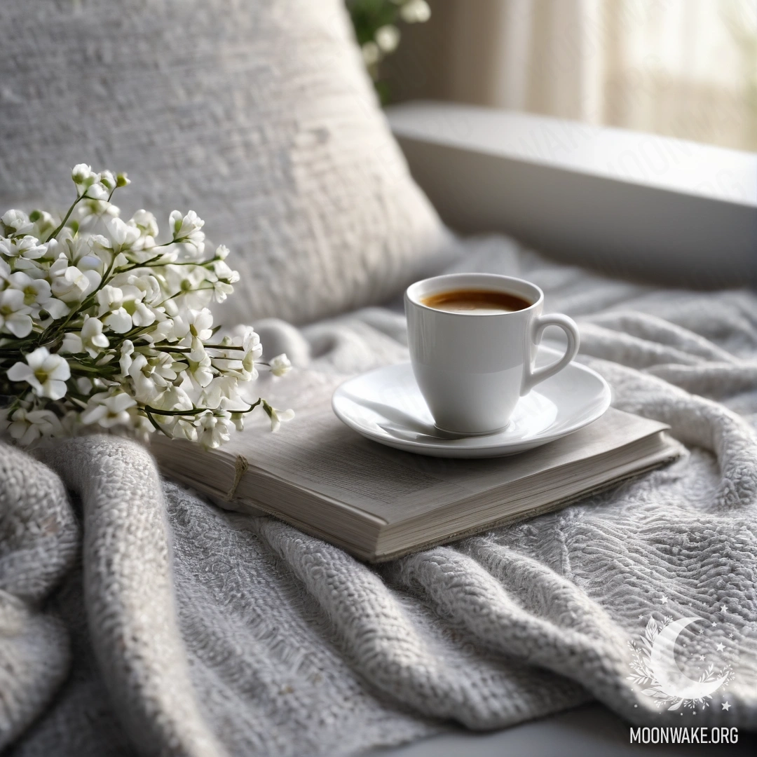 A close-up of a romantic white chair adorned with a gray knitted blanket, a book, a branch with white flowers, and a white cup of coffee illuminated by sun rays.
