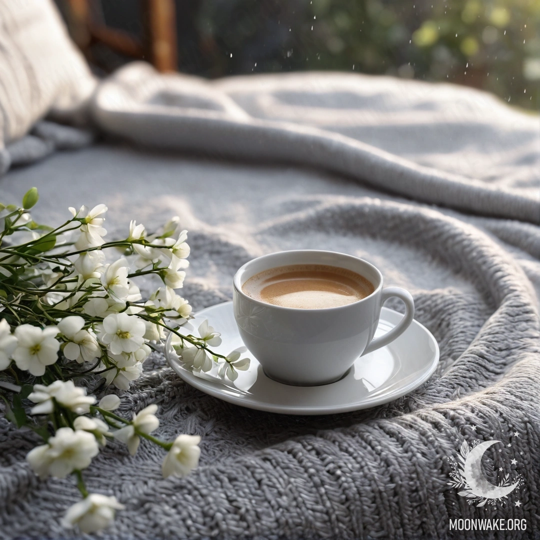 A close-up of a white chair with a gray knitted blanket, a book, a branch with white flowers, and a cup of coffee, all under soft rain.