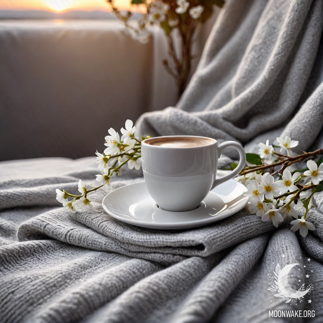 A close-up of a white chair with a gray blanket, a book, a branch with white flowers, and a cup of coffee at sunset.