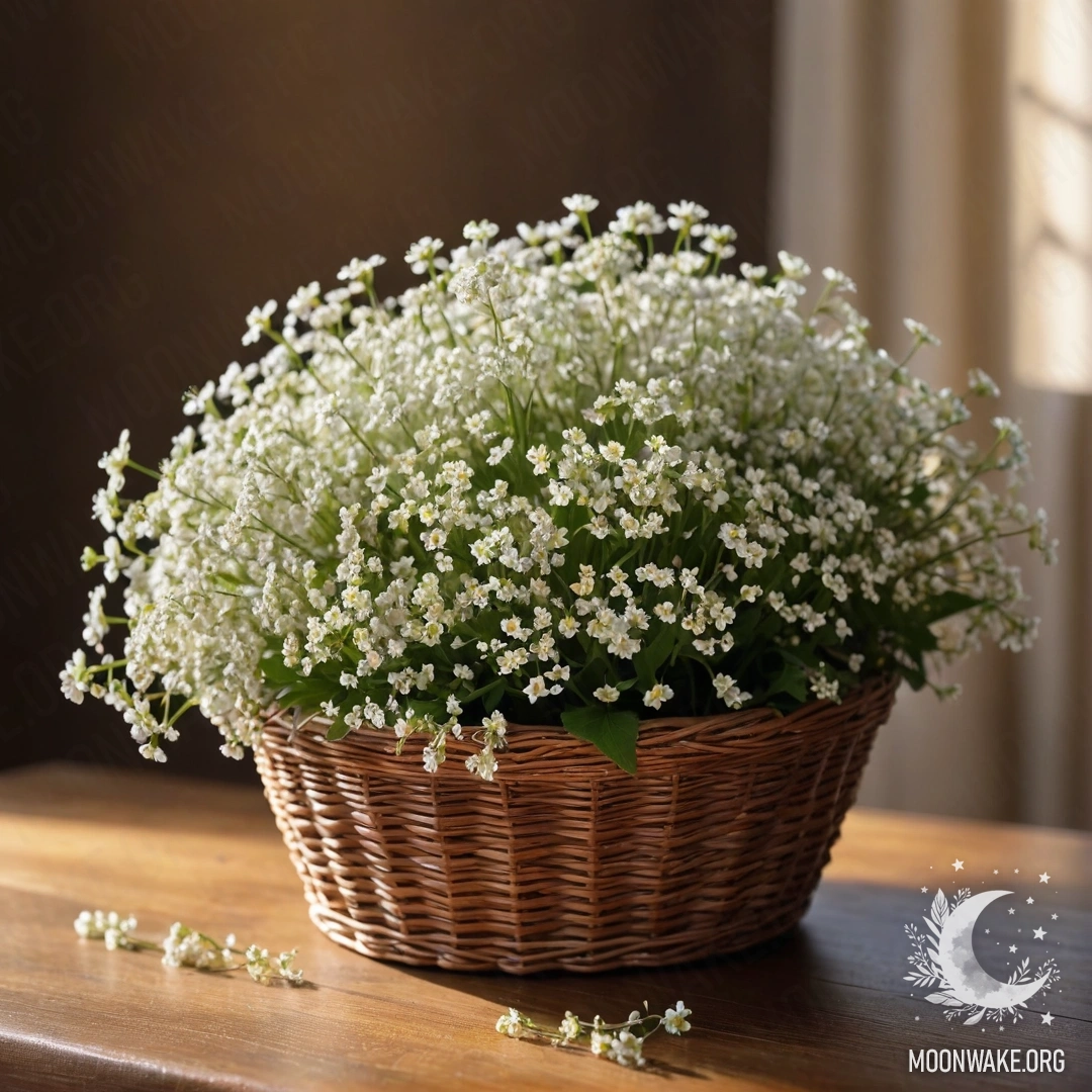 A basket filled with small white flowers, softly glowing in sunlight.