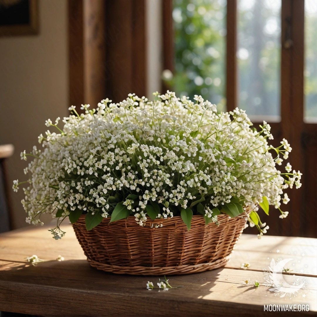 A basket filled with small white flowers illuminated by sunlight.