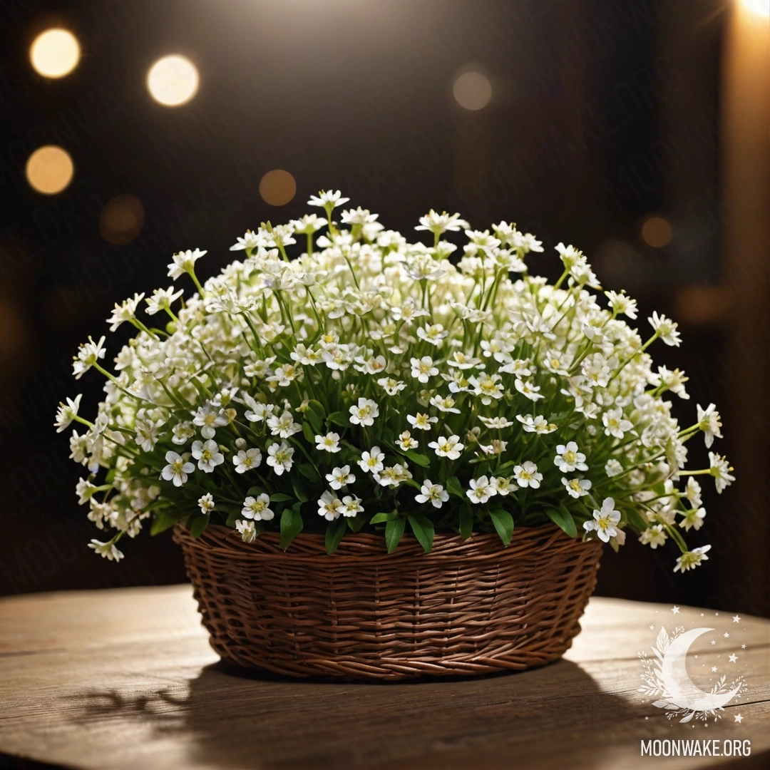 A basket filled with small white flowers on a wooden table at night, illuminated by soft sunlight.