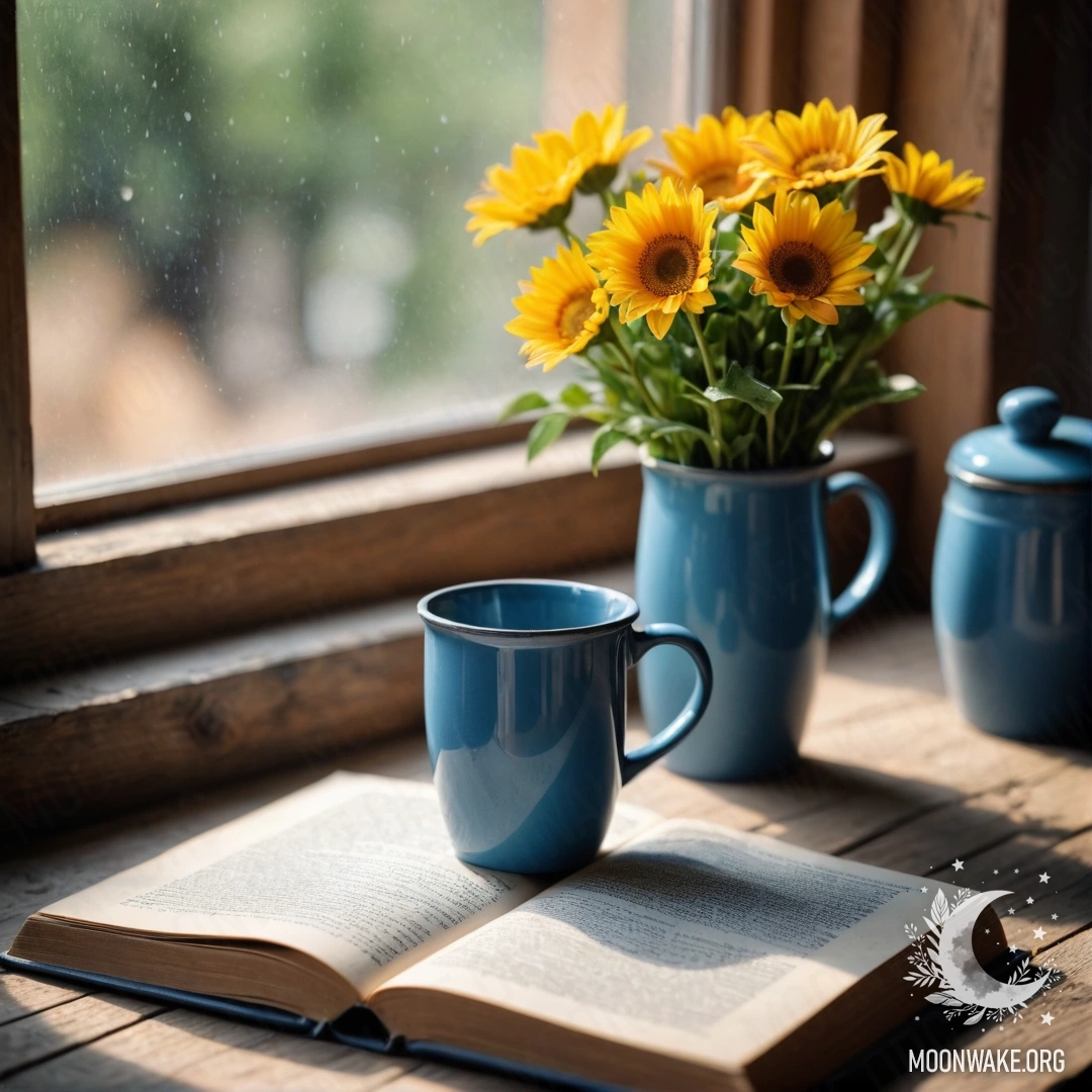 A basket filled with small white flowers sits on a wooden table, enveloped in dense fog and illuminated by slanting sunlight.