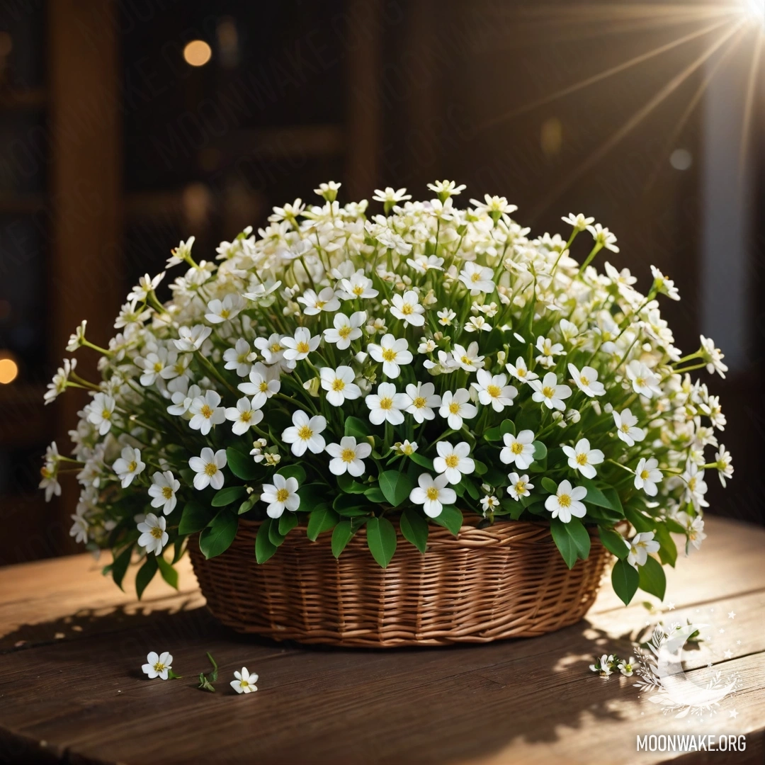A basket filled with small white flowers illuminated by moonlight on a wooden table.