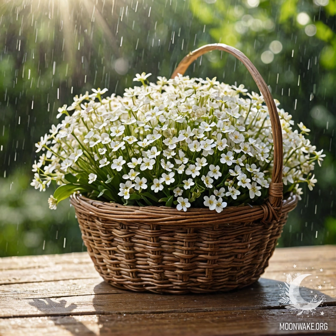 A basket filled with small white flowers on a wooden table under the rain, illuminated by sunlight.
