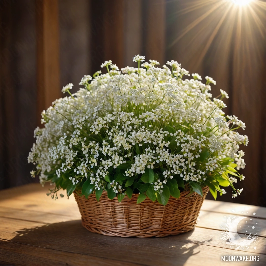 A basket filled with small white flowers on a wooden table, illuminated by the sun.