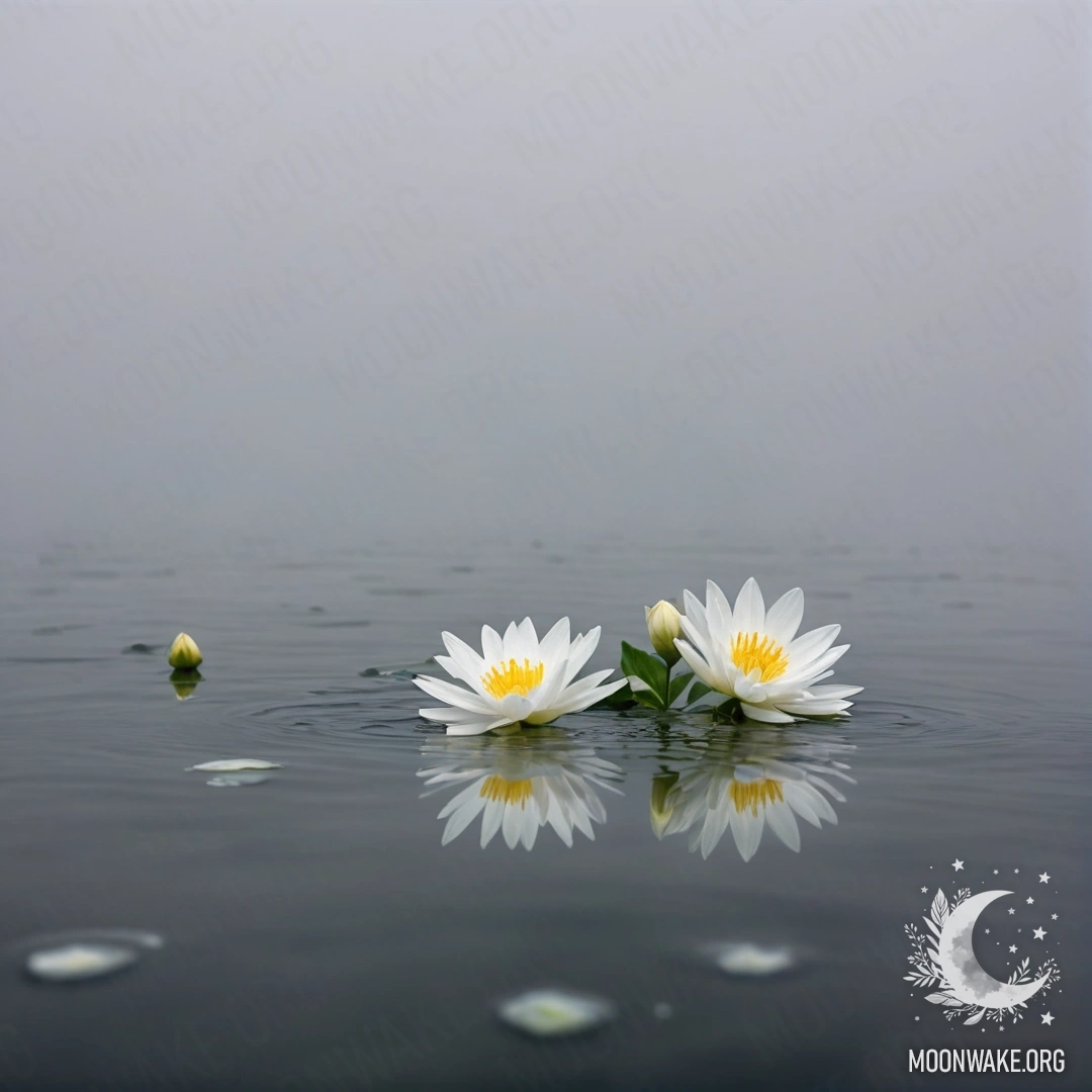 A serene image featuring delicate white flowers floating on a water surface enveloped in heavy fog.
