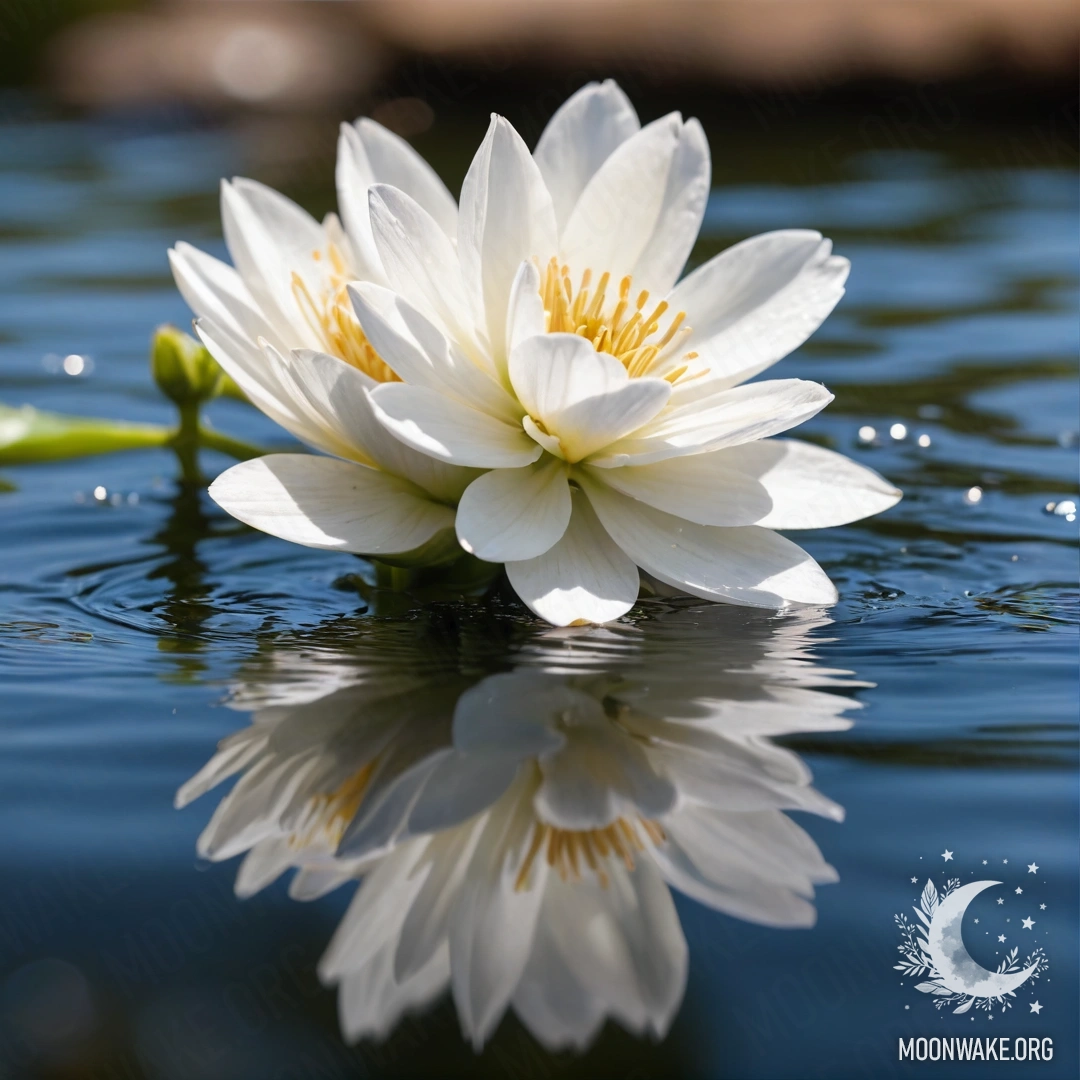 Romantic White Flowers on Water Surface A serene scene of delicate white flowers floating on a water surface.