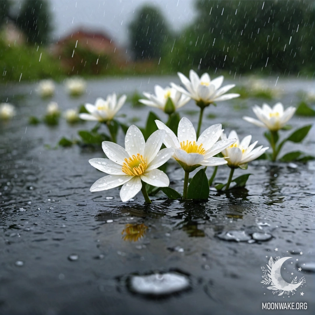 Romantic White Flowers on Water A serene image of romantic white flowers floating on a water surface during rainfall.