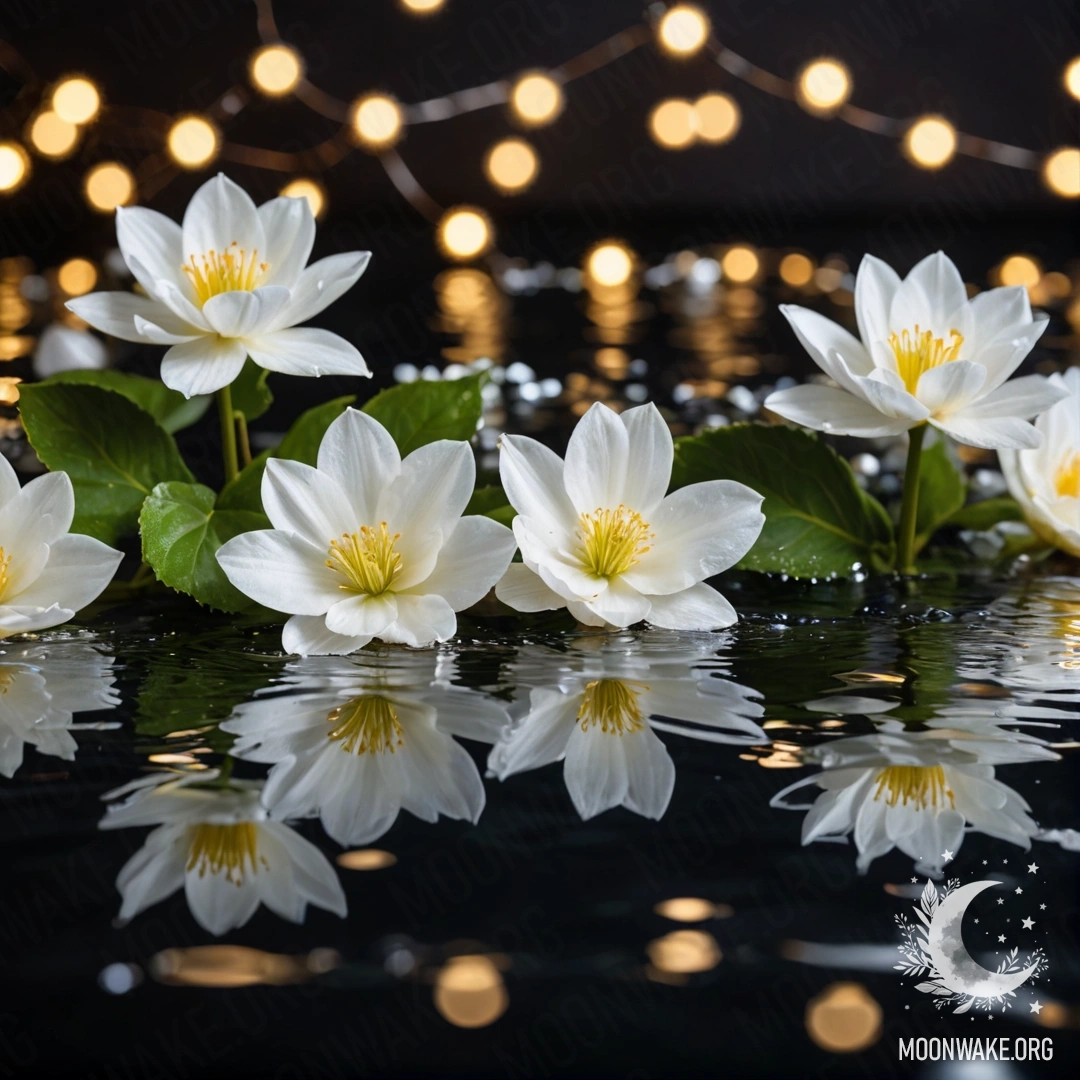 A serene surface of water adorned with white flowers and gentle lights.