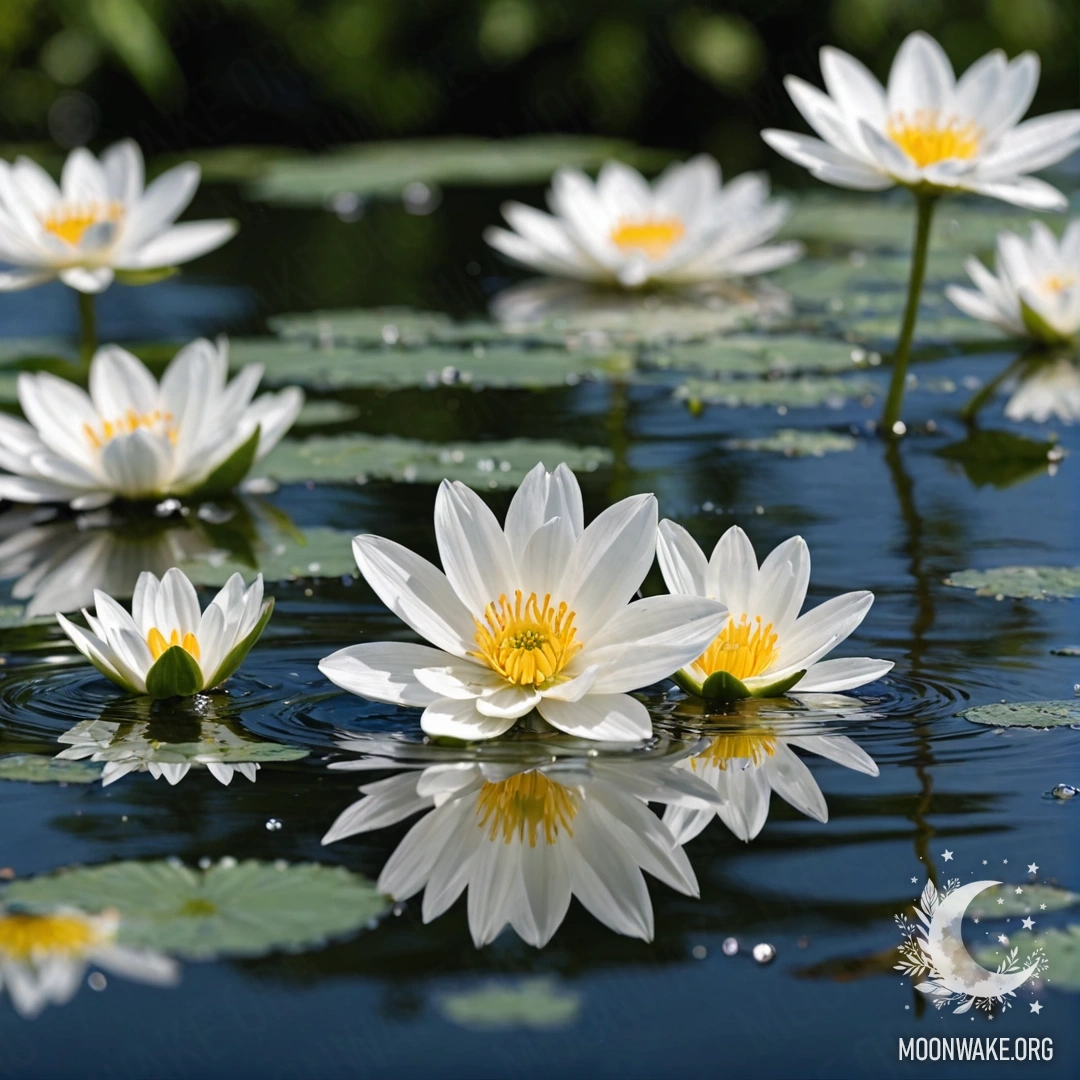A serene composition of white flowers floating on water