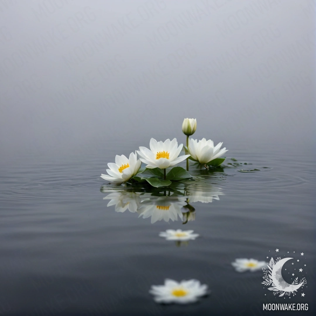 A serene image of romantic white flowers gently floating on a water surface veiled by dense mist.