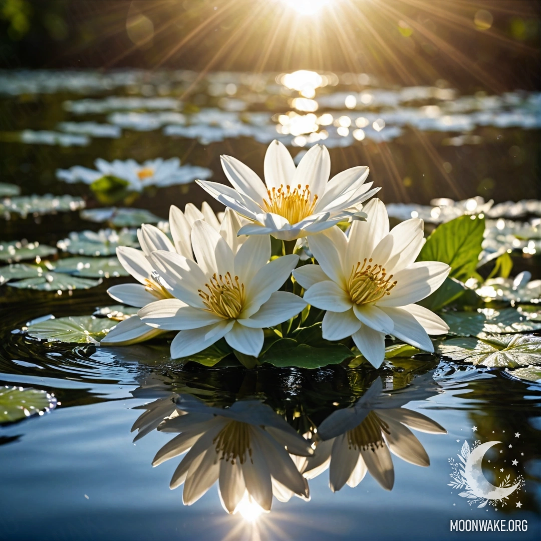 Delicate white flowers floating gracefully on a serene water surface illuminated by sun rays.