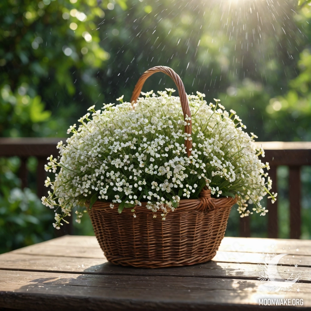 A rustic basket filled with small white flowers on a wooden table, illuminated by the sun's rays while rain falls gently.