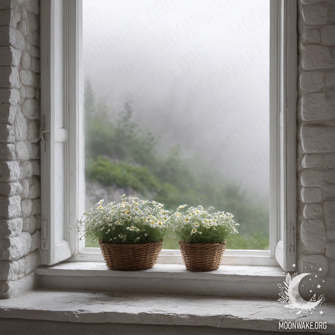 Open window on a white stone wall with a basket of daisies on the sill in heavy fog.