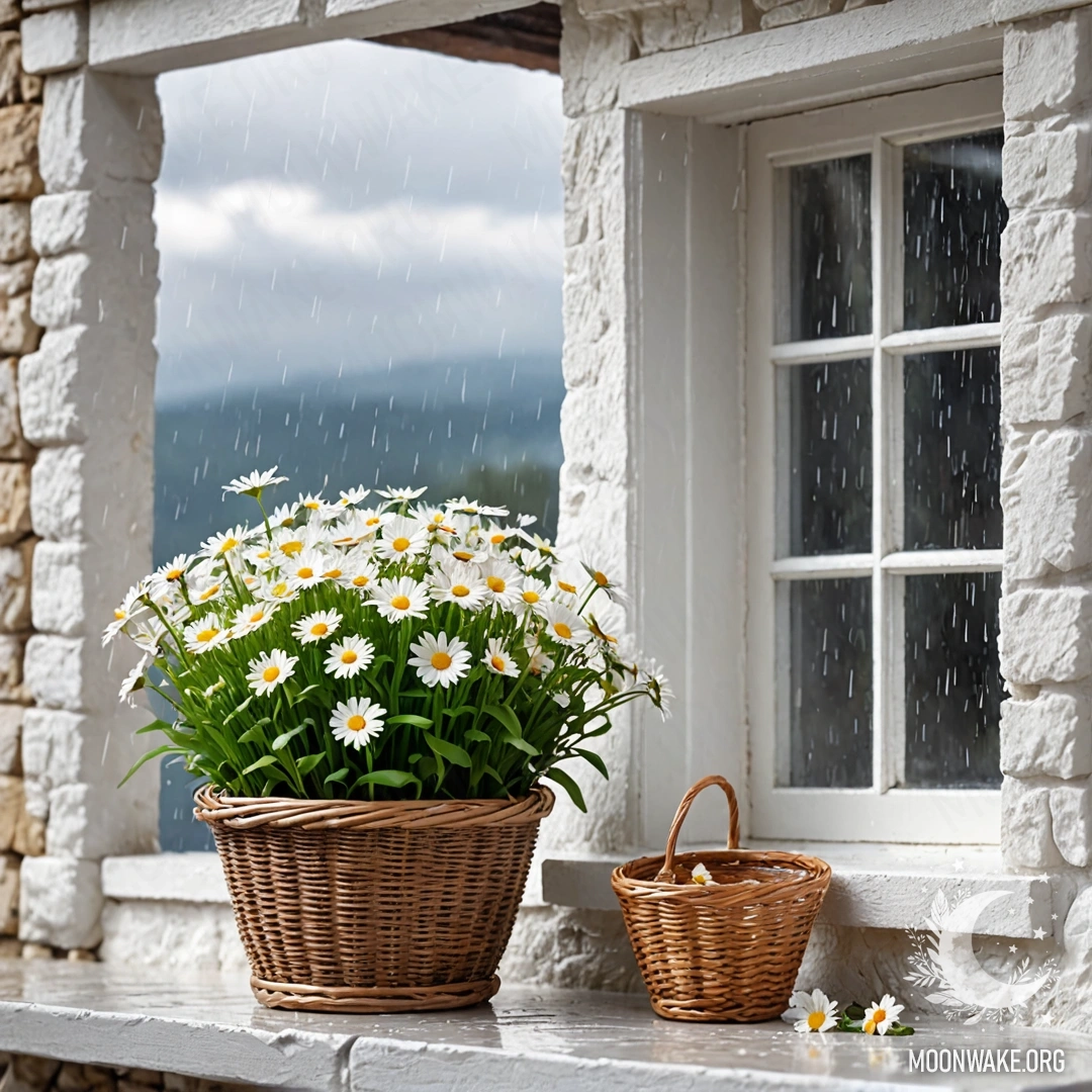 A romantic white stone wall with an open window and a basket of daisies on the windowsill, raining outside.