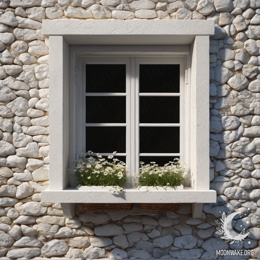 A romantic scene featuring a white stone wall, an open window, and a basket of daisies on the windowsill.